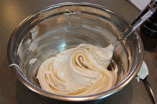 Aquafaba meringue mixture, swirled with coffee.