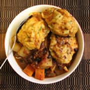 Black bean and quinoa stew with herby dumplings.