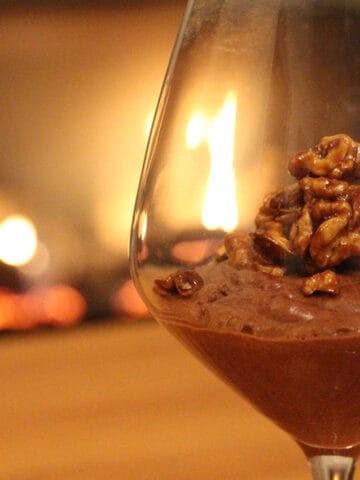 Vegan chocolate mousse with maple walnuts.