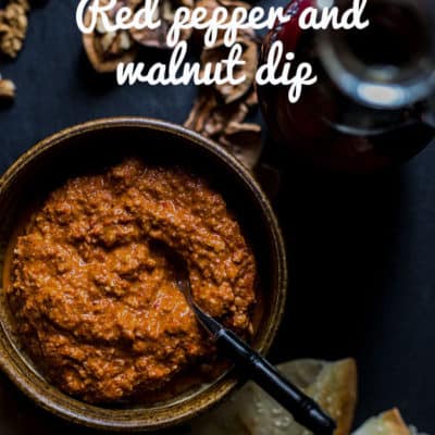Muhammara is a delicious Middle Eastern dip made from roasted red peppers and walnuts, with a little spice and the sharpness of pomegranate molasses. Vegan and gluten free.