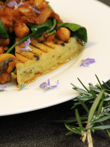 Olive and rosemary polenta with braised chickpeas.