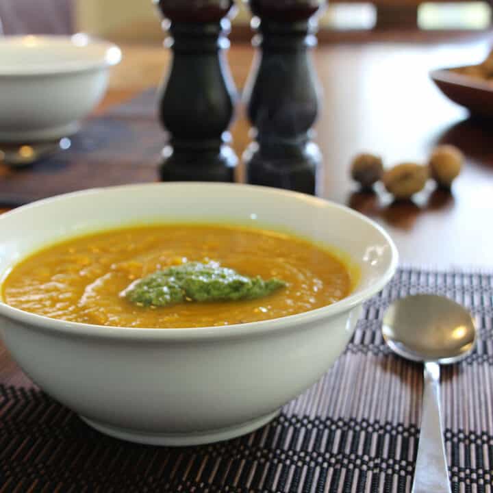 Pumpkin soup with walnut and parsley pesto.