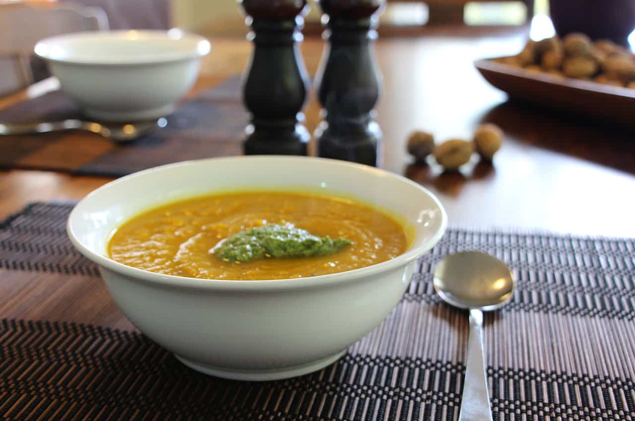 Pumpkin soup with walnut and parsley pesto.