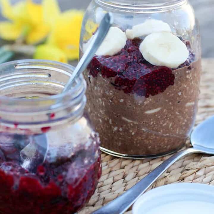 Chocolate overnight oats with chia jam.