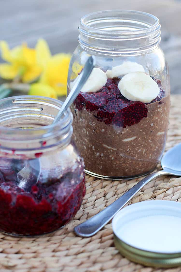 Chocolate overnight oats with chia jam. 