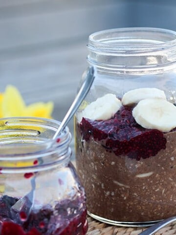 Chocolate overnight oats with chia jam.