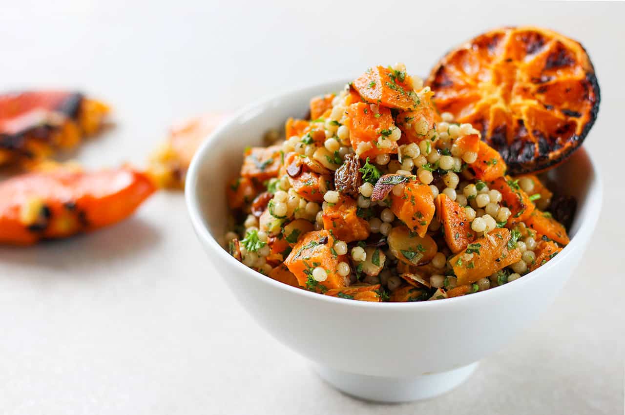 Israeli couscous salad with burnt citrus dressing. 