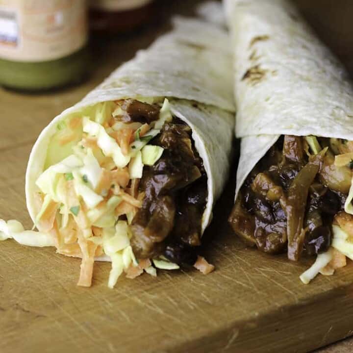 Jackfruit and black bean wraps.