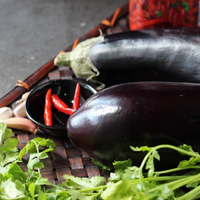Eggplant, chillis, garlic and coriander (cilantro).
