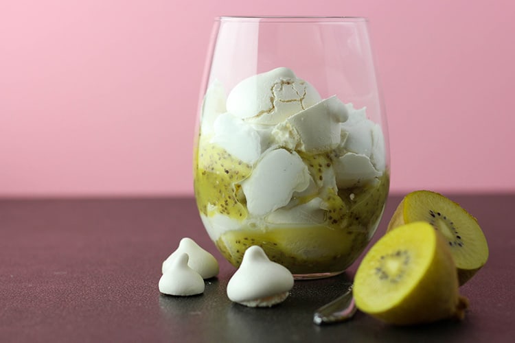 A foolish mess - golden kiwifruit, aquafaba meringue and whipped coconut cream.
