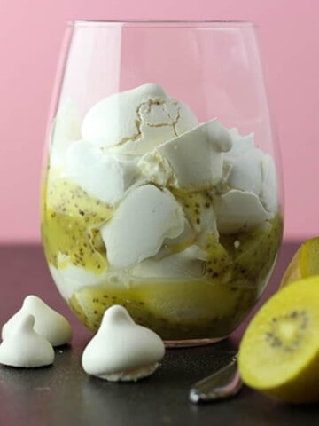 A foolish mess - golden kiwifruit, vegan meringue and whipped coconut cream.