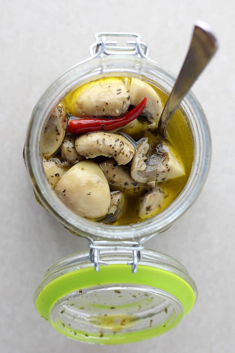 Marinated button mushrooms.