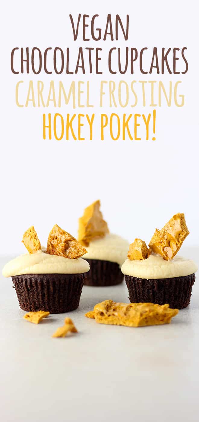 Rich and dark chocolate cupcakes, caramel frosting and hokey pokey on top! 