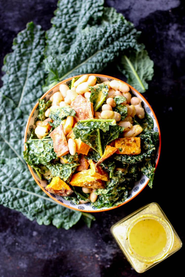 Kumara, kale and cannellini bean salad. 