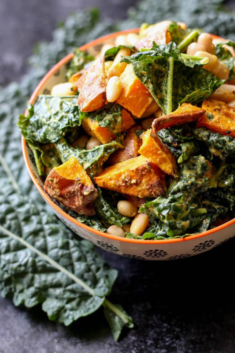 Kumara, kale and cannellini bean salad. 