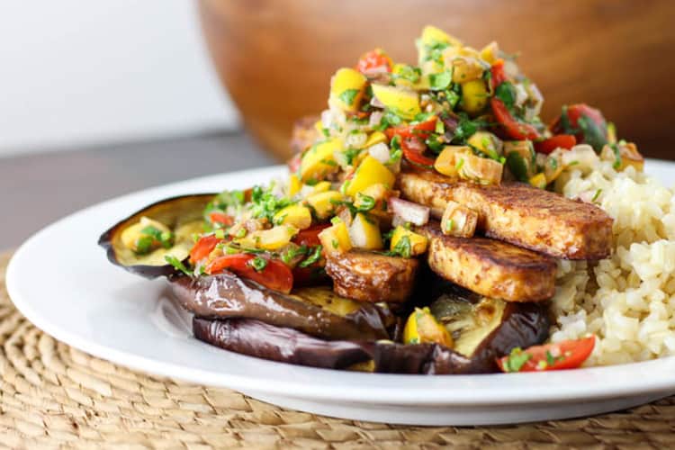 Loquat salsa, served with brown rice, eggplant and tempeh. 