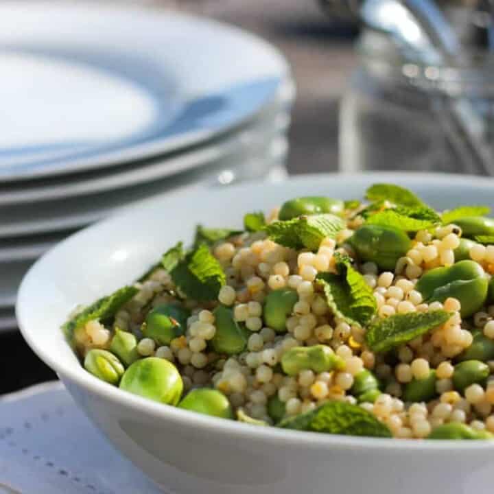 Broad bean and Israeli couscous salad.