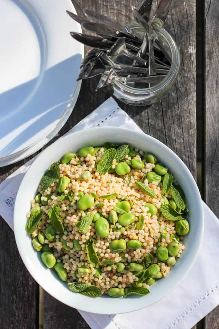 Broad bean and Israeli couscous salad. 