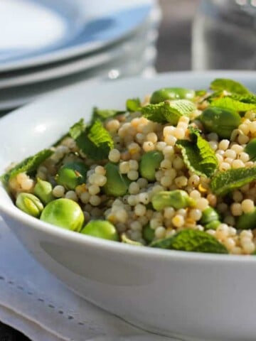 Broad bean and Israeli couscous salad.