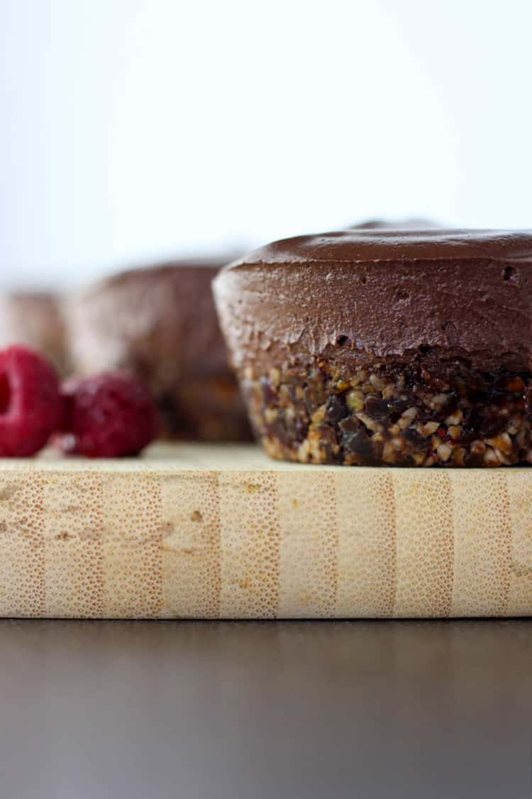 Chocolate and raspberry mini vegan cheesecakes. 