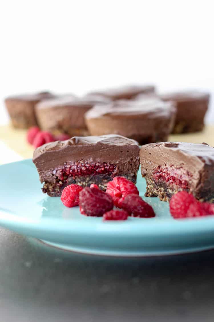 Mini chocolate and raspberry vegan cheesecakes. 