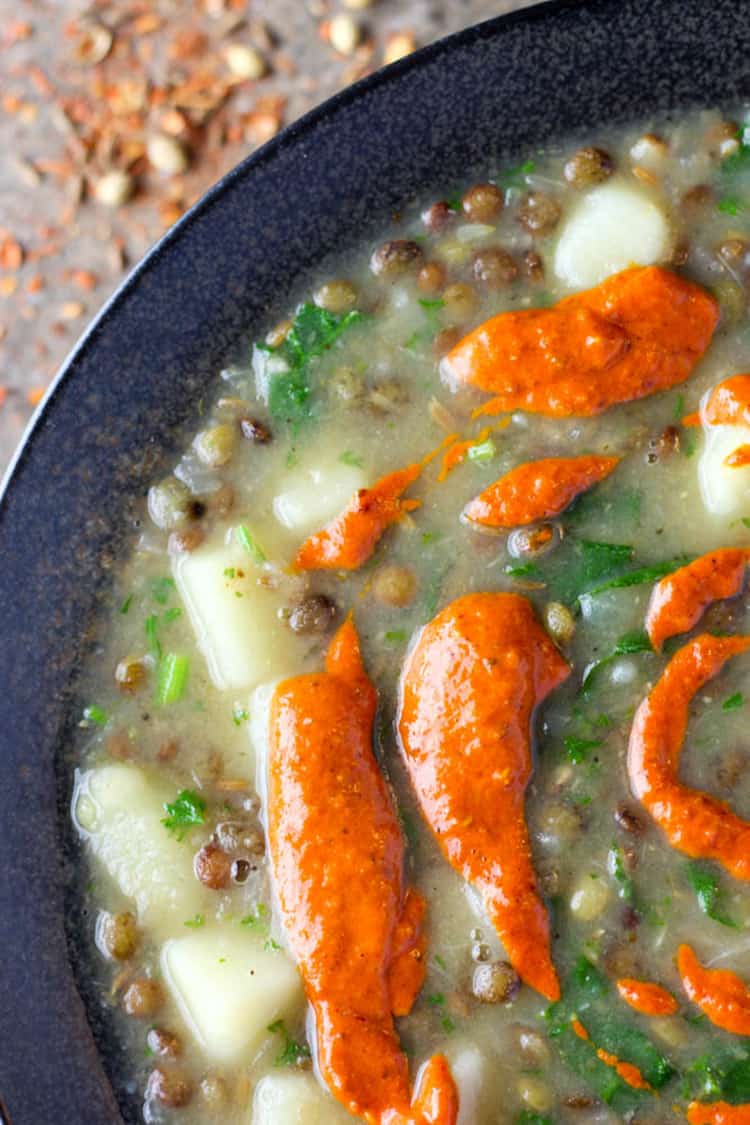 Green lentil soup with harissa. 