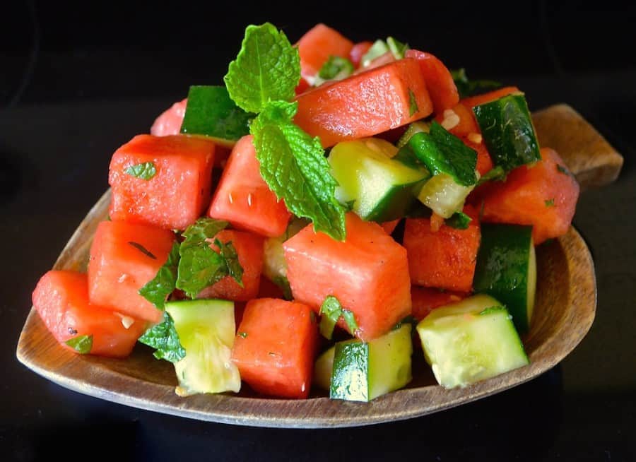 Minted watermelon and cucumber salad. 