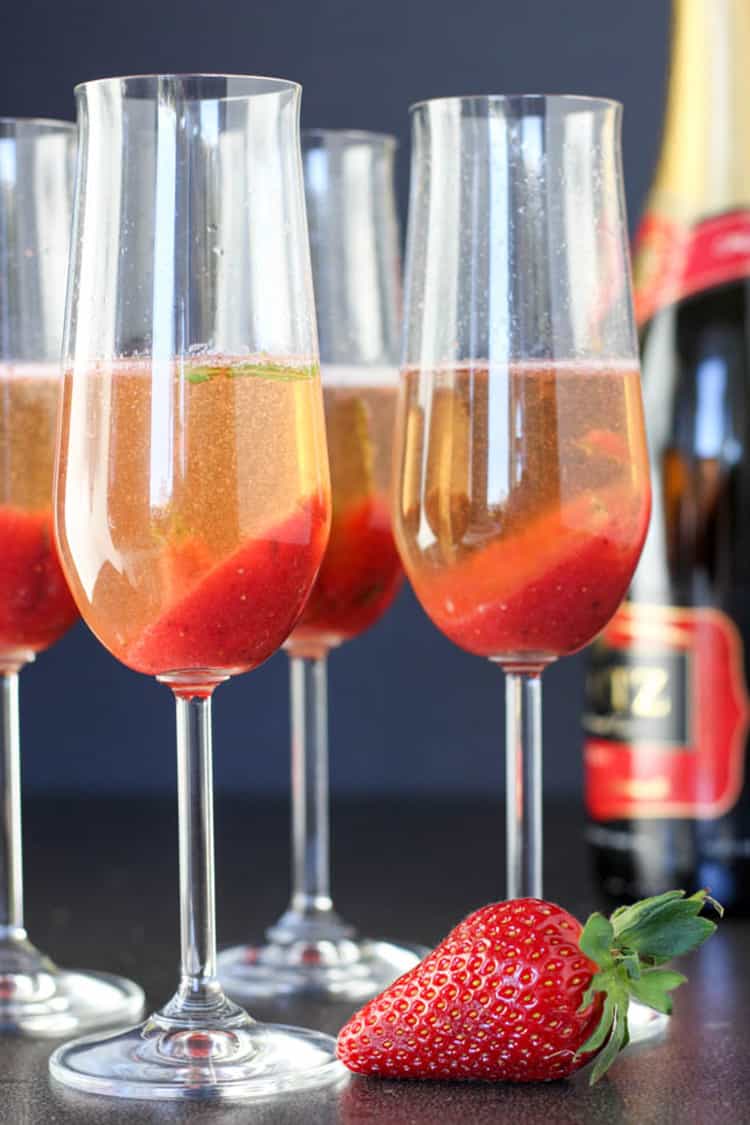 Strawberry and basil champagne cocktail. 