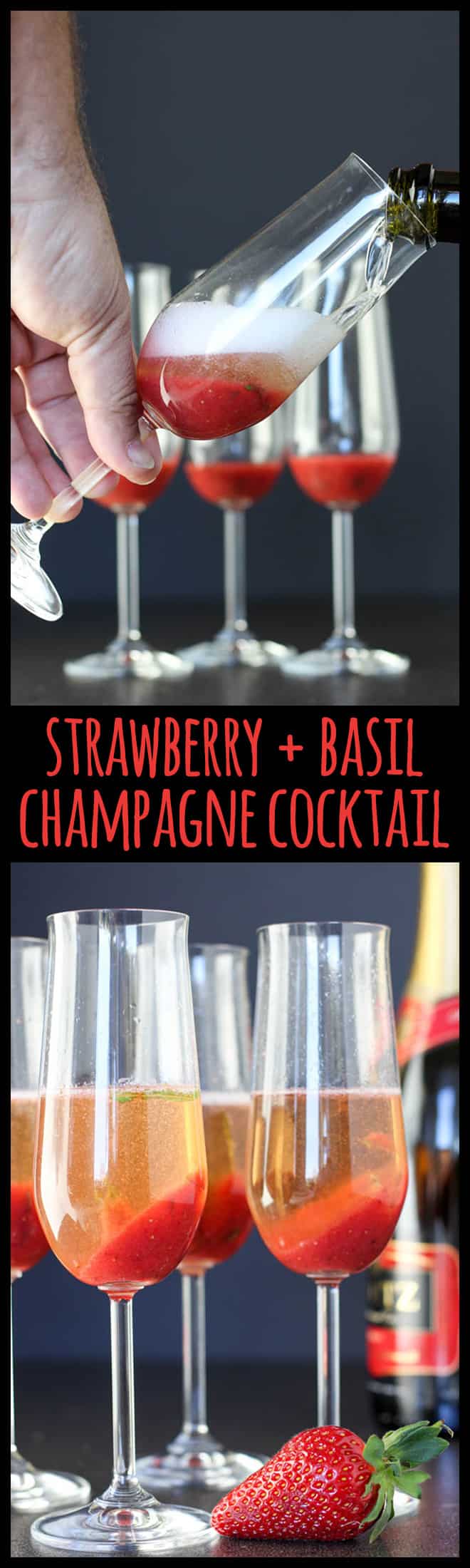 Strawberry and basil champagne cocktail. 