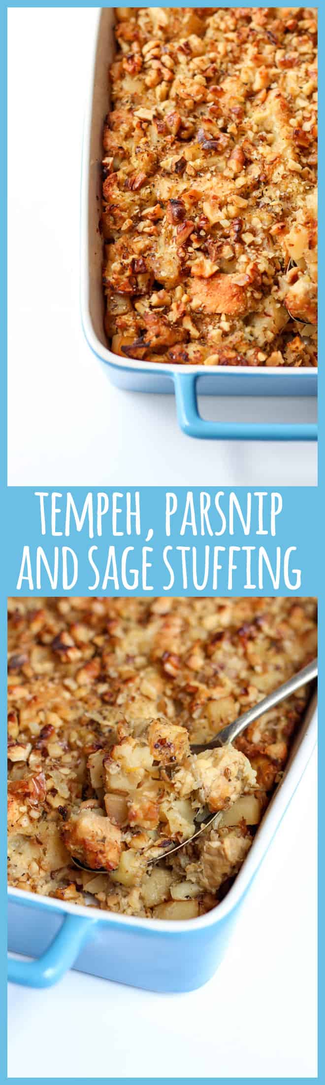 This delicious vegan stuffing features tempeh, parsnip, apple, sage and walnuts. It's packed with flavour and perfect to feed a crowd at Christmas or your next potluck.
