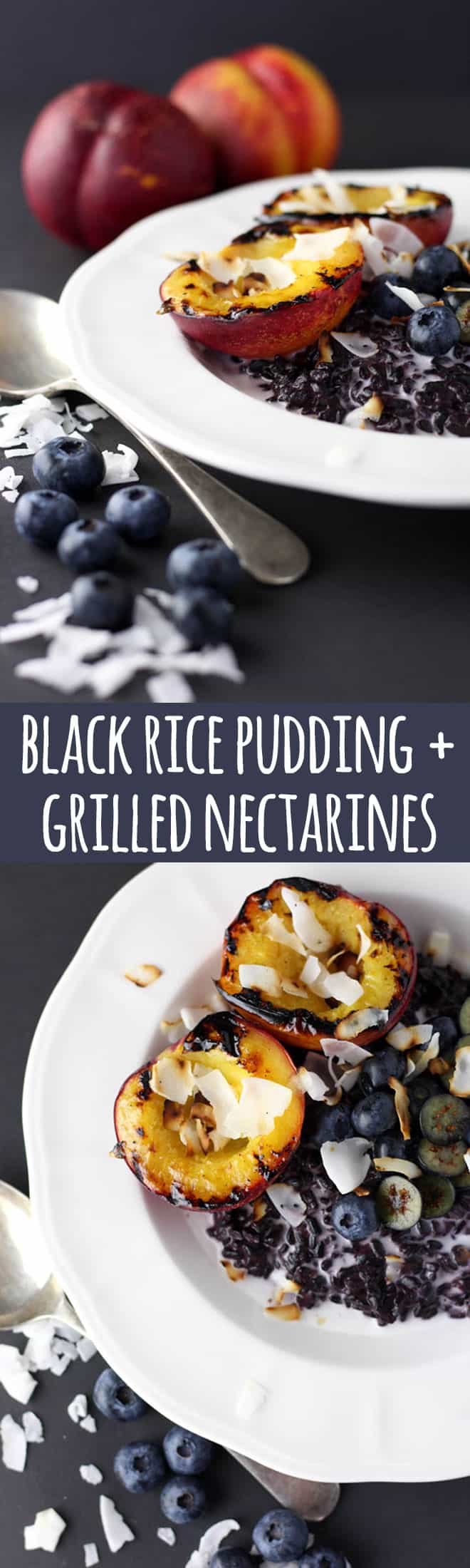Black rice pudding with grilled nectarine. 