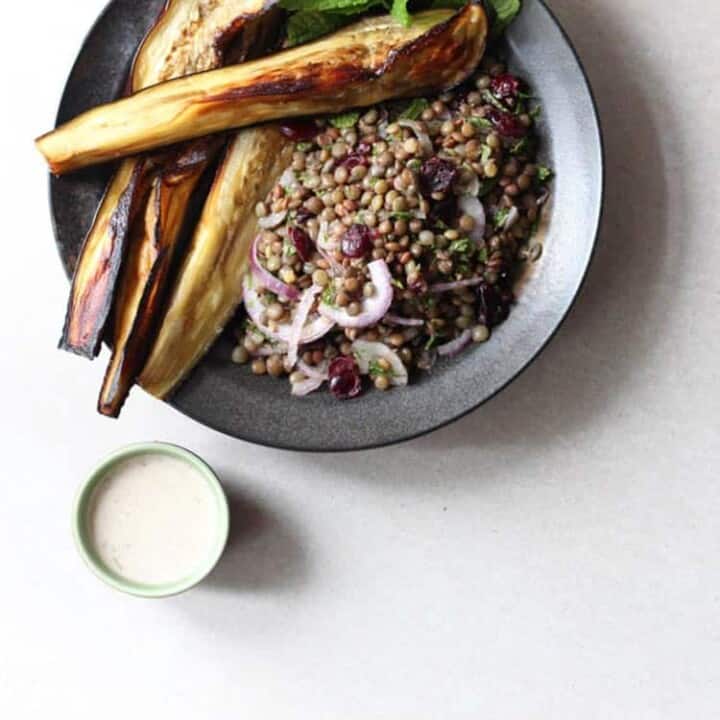 Eggplant and lentil salad with sumac tahini dressing.