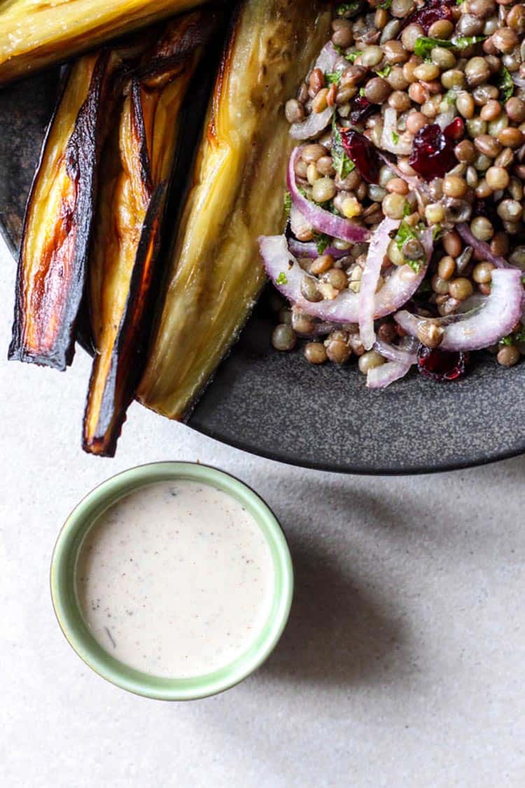 Eggplant and lentil salad with sumac tahini dressing. 