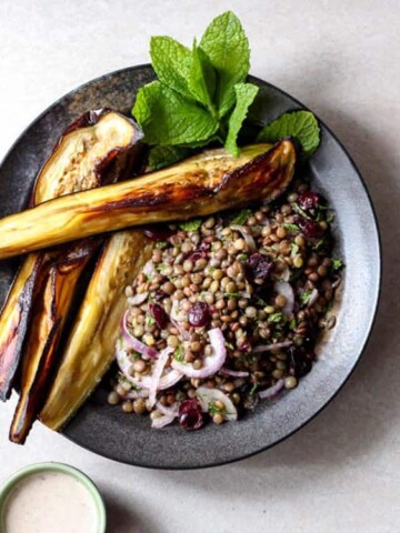 Eggplant and lentil salad with sumac tahini dressing.