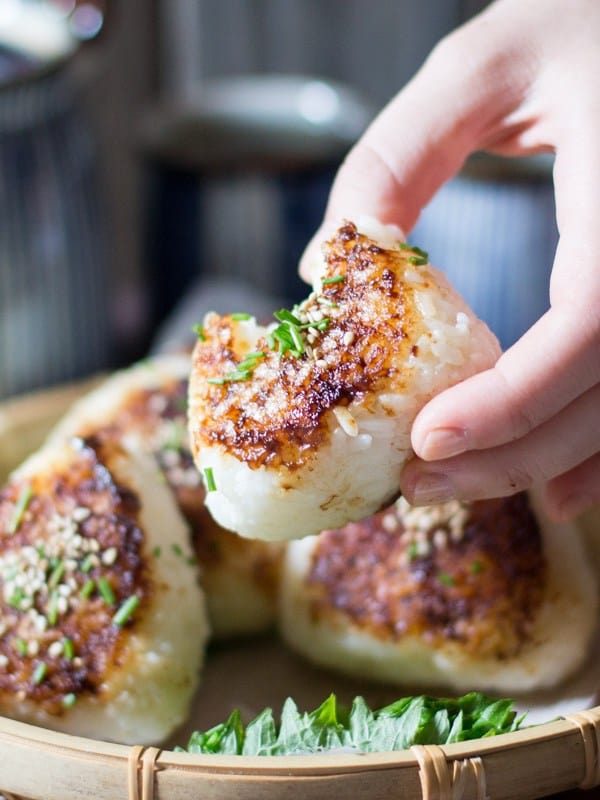 Yaki onigiri (grilled rice balls) with miso butter sauce. 