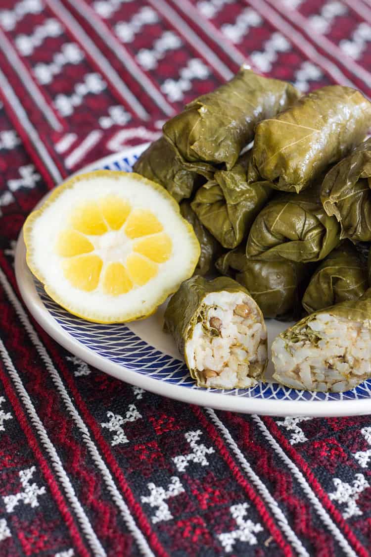 Rice and lentil dolma, made with fresh grape vine leaves. 