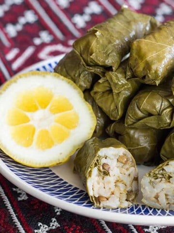 Rice and lentil dolma, made with fresh grape vine leaves.