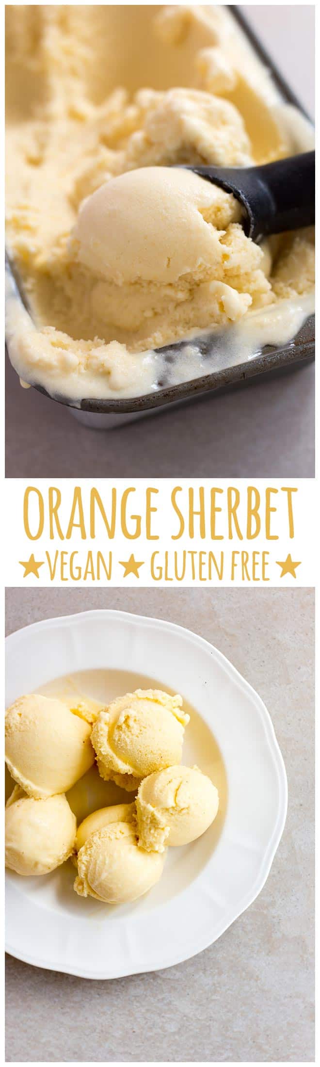 Four basic ingredients combine to make this orange and banana sherbet, a chilly summer treat that's light, fresh and creamy. Vegan and gluten free. 