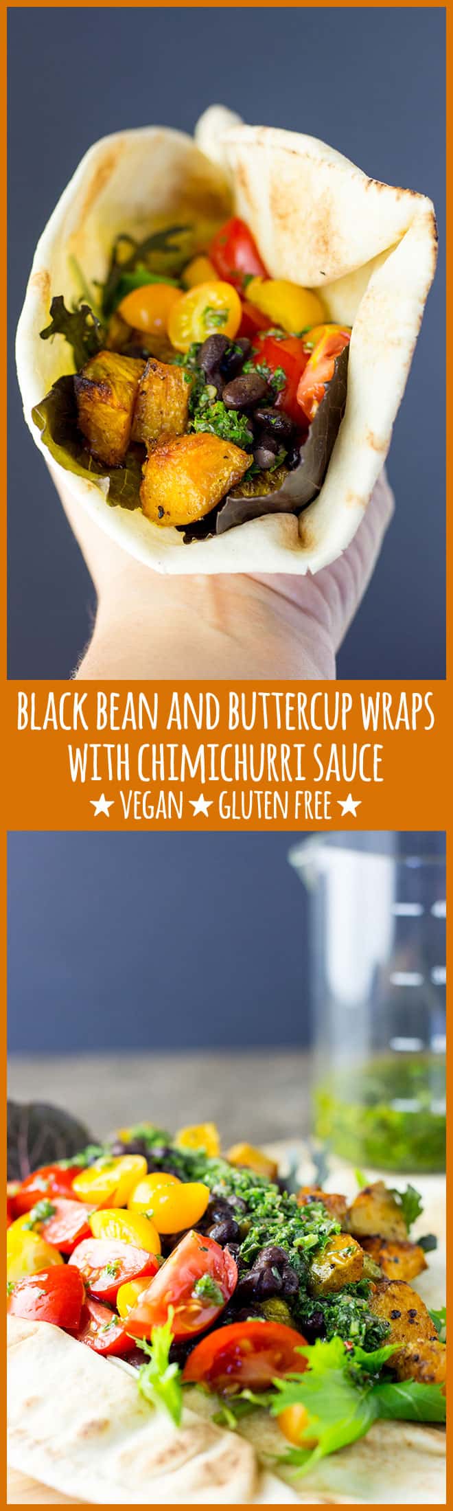 Black bean and buttercup wraps with chimichurri sauce. 