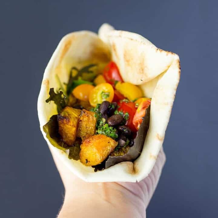 Black bean and butternut wraps with chimichurri sauce.