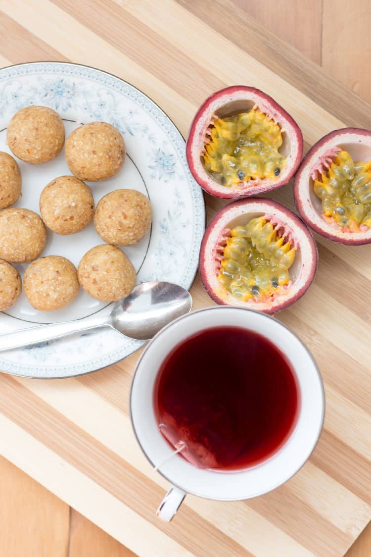 Passionfruit bliss balls served with herbal tea. 