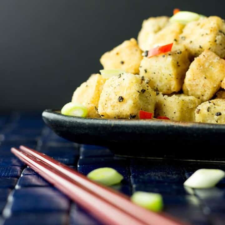 Crispy salt and pepper tofu with a cucumber chilli dipping sauce.