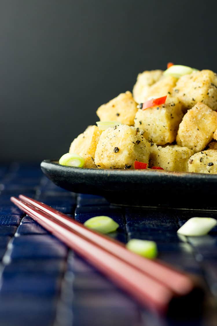 Crispy salt and pepper tofu with a cucumber chilli dipping sauce.