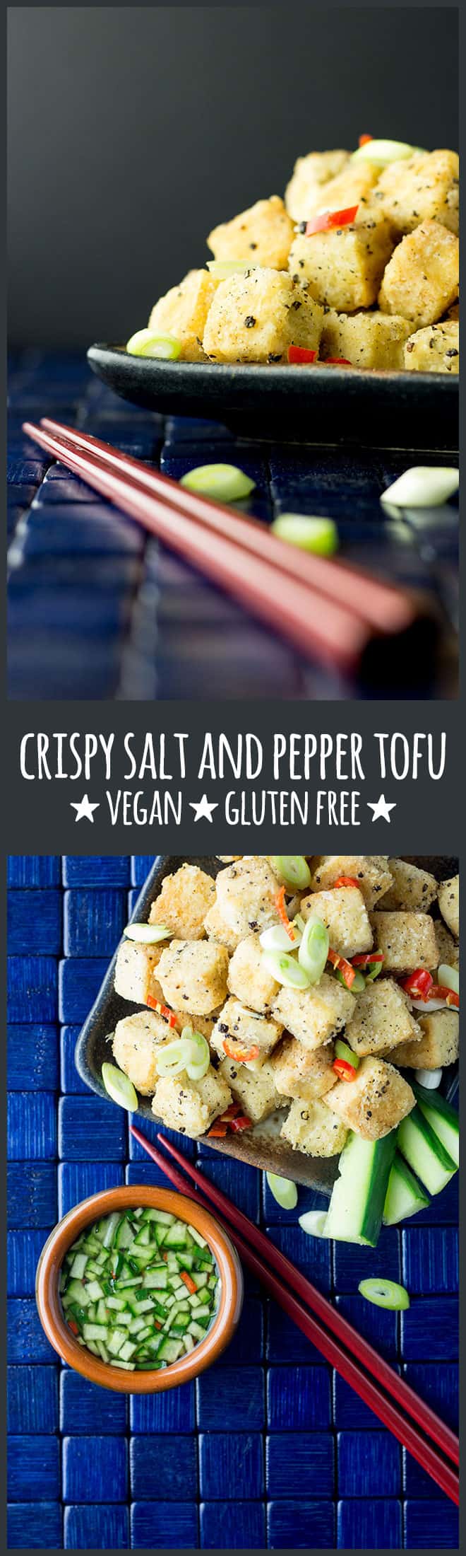 Crispy salt and pepper tofu with a cucumber and chilli dipping sauce is a moreish little nibble to have with drinks, or serve it up with sticky rice and steamed greens for a simple but yummy dinner.
