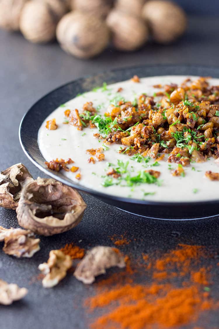 Cauliflower and walnut soup with a smoky crumb topping. 