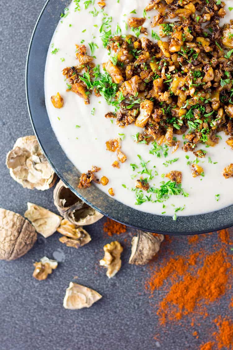 Cauliflower and walnut soup with a smoky crumb topping. 