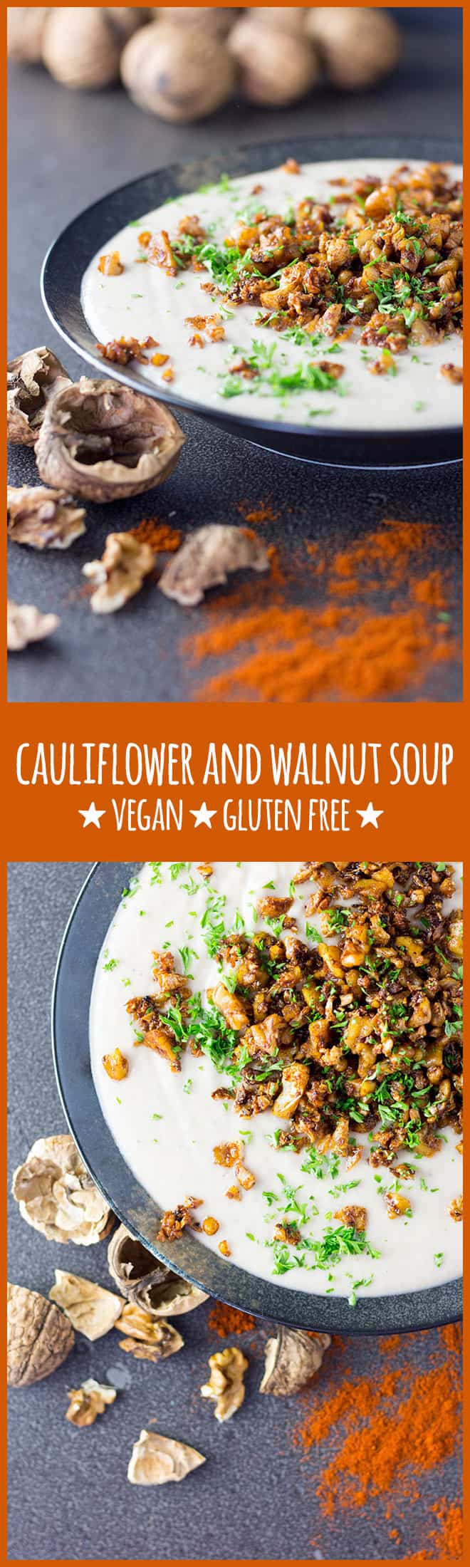 A satisfyingly creamy and earthy cauliflower and walnut soup topped with smoky, crispy crumbs.