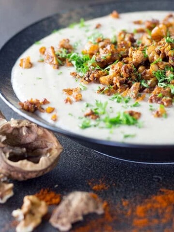 Cauliflower and walnut soup with a smoky crumb topping.