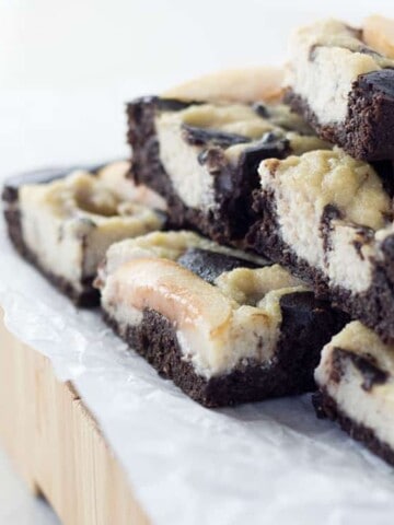 Chocolate and pear brownie with a cashew swirl.