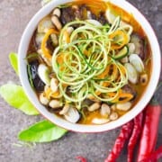 Thai zoodle soup with eggplant and peanuts (vegan and gluten free).